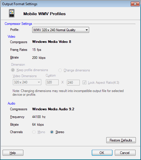 Configurações de vídeo do Windows Media