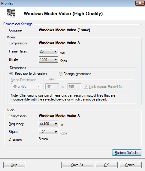 Configurações de vídeo do Windows Media