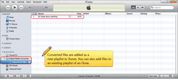 iTunes - Añadir archivos convertidos a una lista de reproducción existente o una nueva lista de reproducción en iTunes