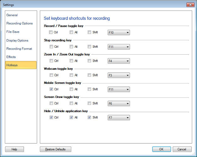 My Screen Recorder Pro : Changing Keyboard Shortcuts