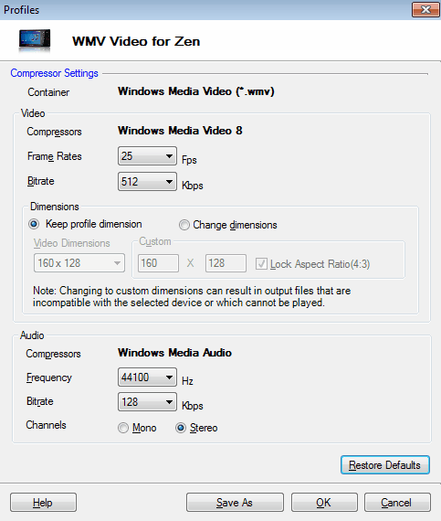 Creative Zen WMV Settings