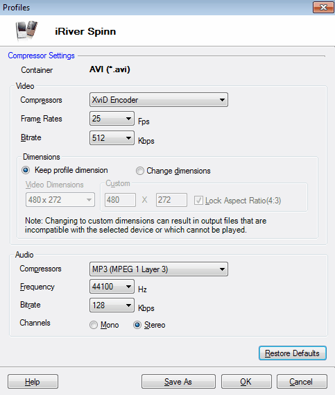 iRiver Video Settings