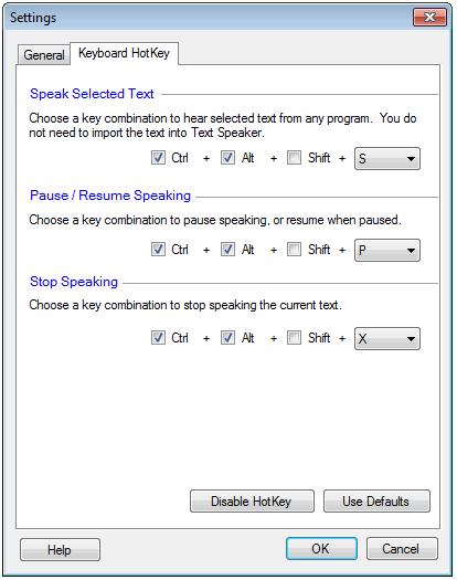 Paramètres du raccourci clavier