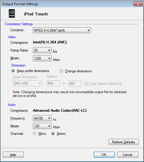 Configurações de vídeo do dispositivo Apple