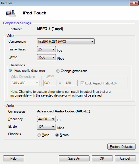 Configurações de vídeo do dispositivo de Apple