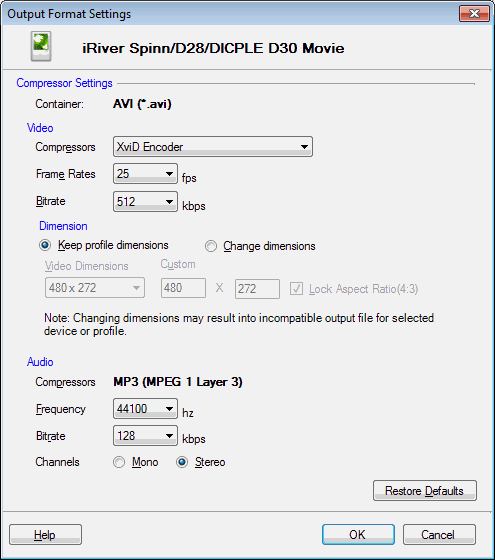 Configuración de vídeo de iRiver