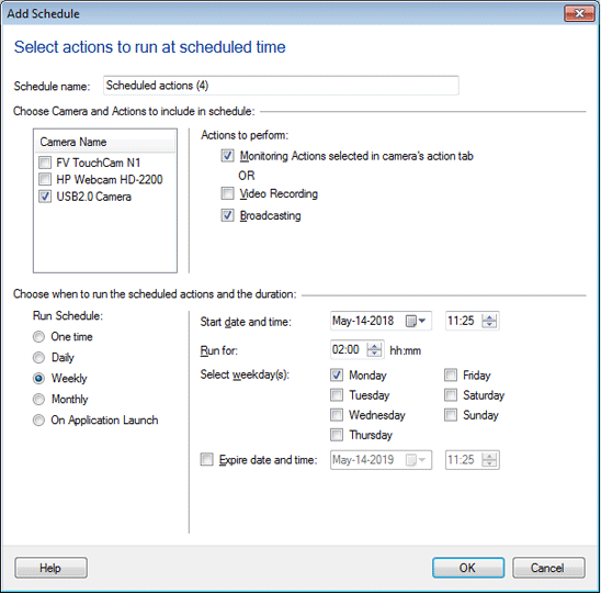 WebCam Monitor - Schedule Settings Window