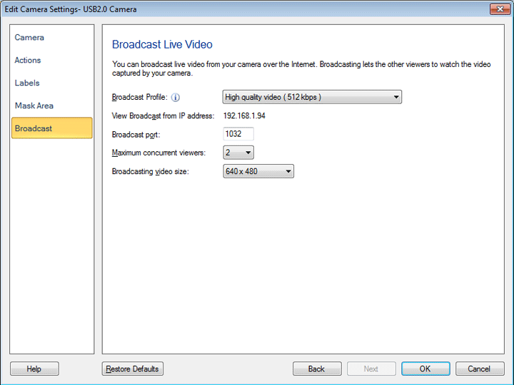 WebCam Monitor - Live Broadcasting Settings 