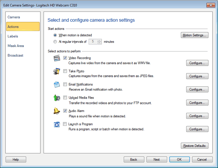 WebCam Monitor - Motion Detection Settings